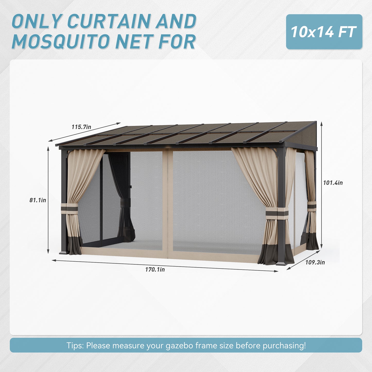 ALAULM 10'x14' Lean to Gazebo Privacy Curtains with Mosquito Netting, 4-Panels Side Wall Universal Gazebo Side Panels Replacement for Patio Outdoor Canopy Garden, Grey (Curtain Only)