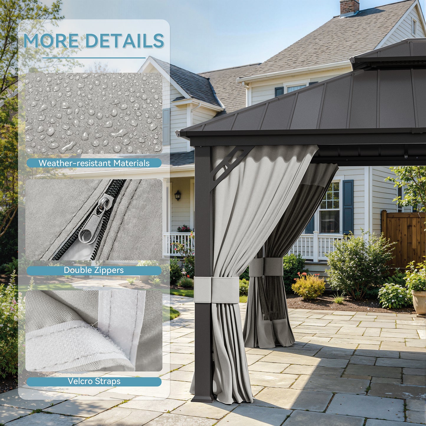 ALAULM 12'x14' Hardtop Gazebo Grey Privacy Curtains with Black Mosquito Netting, 4-Panels Side Wall Universal Gazebo Side Panels Replacement for Patio Outdoor Canopy Garden (Curtain Only)