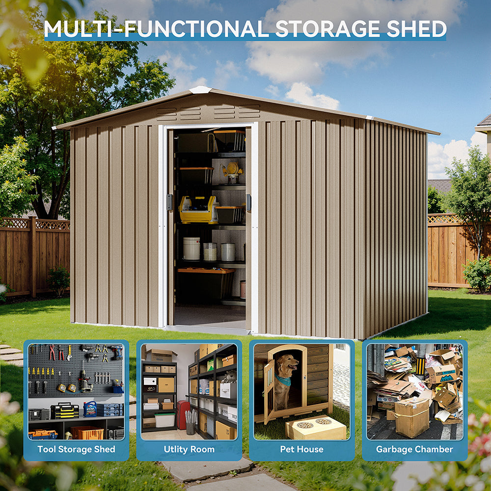 8'x6' Outdoor Metal Storage Shed with Floor for Garden & Tool Storage ,Weather-Resistant Design, Air Vent & Window, Brown