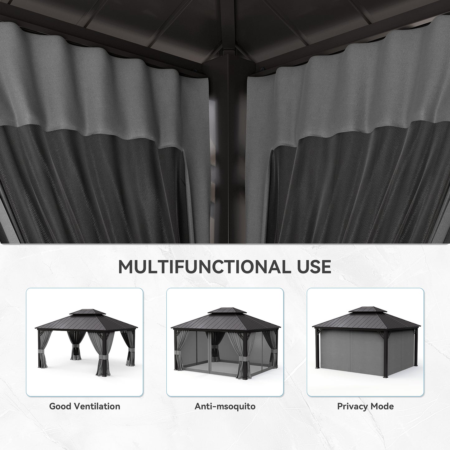 ALAULM 10'x12' Hardtop Gazebo Grey Privacy Curtains with Black Mosquito Netting, 4-Panels Side Wall Universal Gazebo Side Panels Replacement for Patio Outdoor Canopy Garden (Curtain Only)