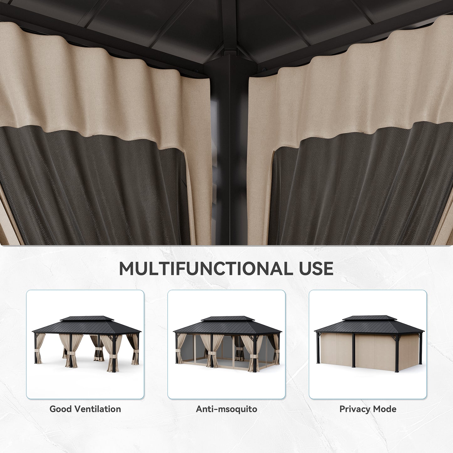ALAULM 12'x20' Hardtop Gazebo Sand Privacy Curtains with Brown Mosquito Netting, 4-Panels Side Wall Universal Gazebo Side Panels Replacement for Patio Outdoor Canopy Garden (Curtain Only)