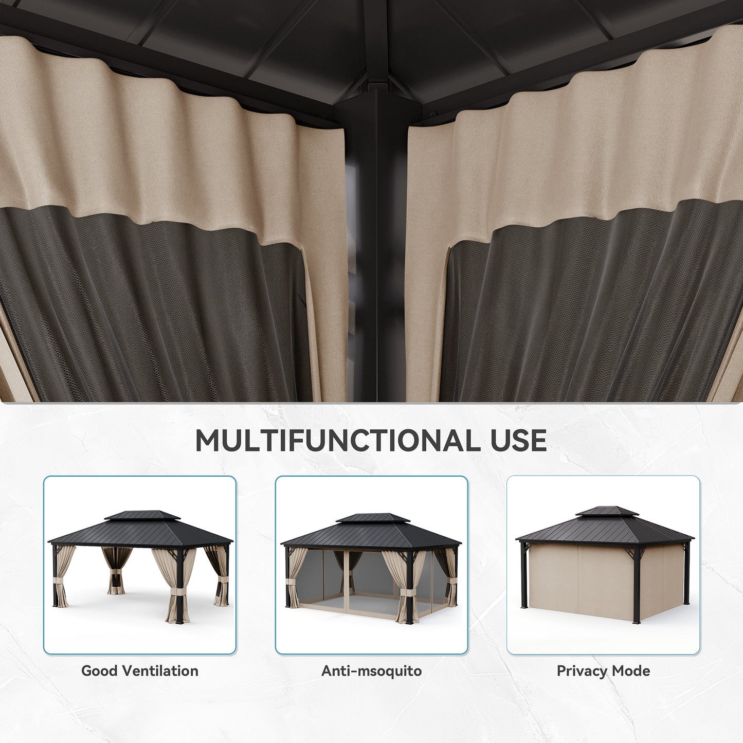 ALAULM 12'x14' Hardtop Gazebo Grey Privacy Curtains with Black Mosquito Netting, 4-Panels Side Wall Universal Gazebo Side Panels Replacement for Patio Outdoor Canopy Garden (Curtain Only)