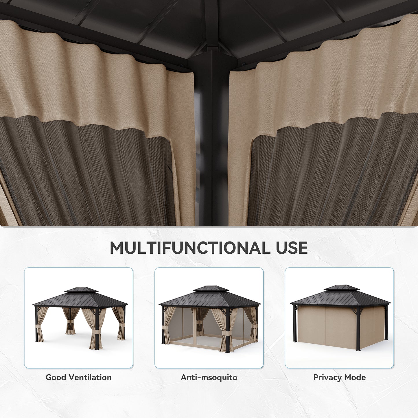 ALAULM 10'x12' Hardtop Gazebo Grey Privacy Curtains with Black Mosquito Netting, 4-Panels Side Wall Universal Gazebo Side Panels Replacement for Patio Outdoor Canopy Garden (Curtain Only)