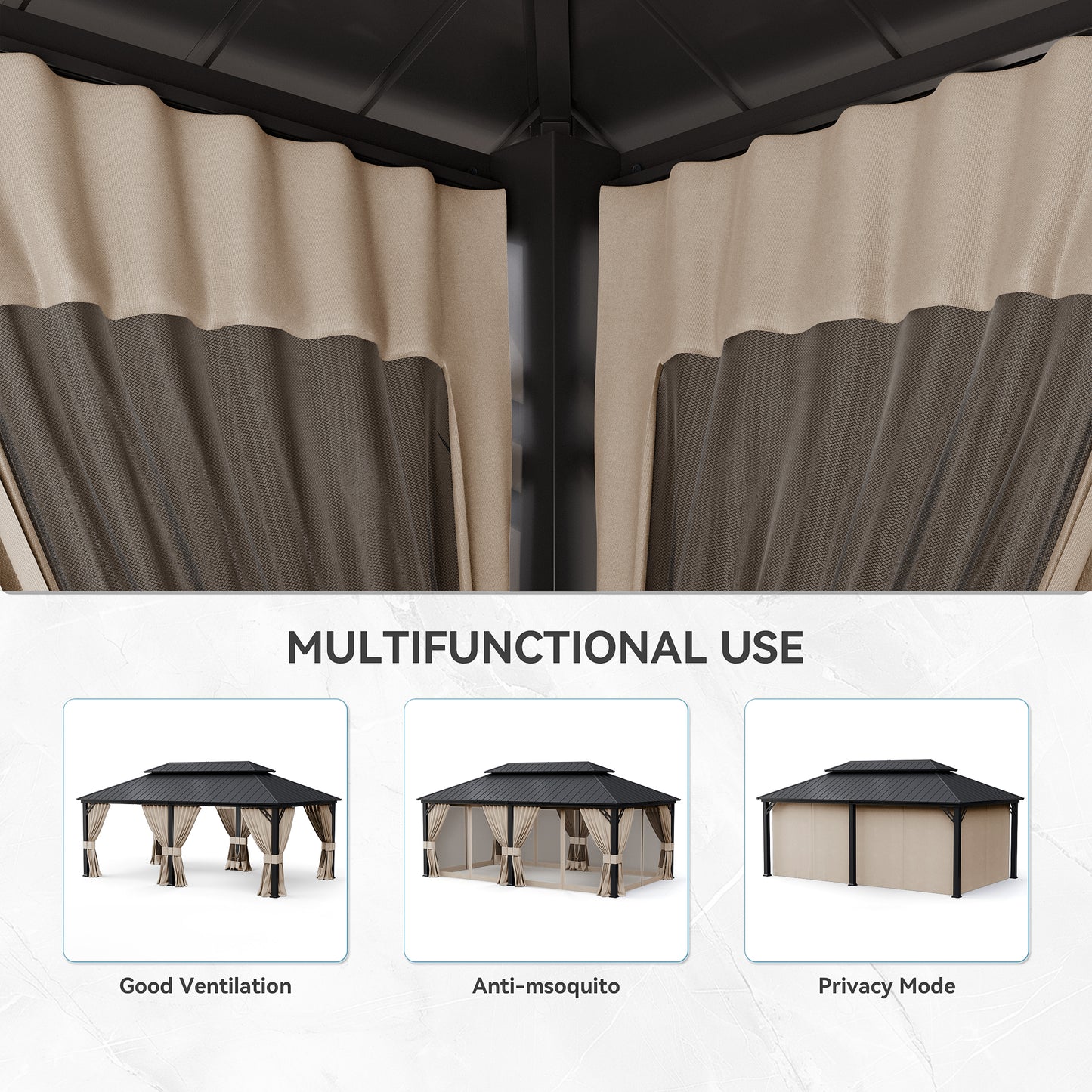 ALAULM 12'x20' Hardtop Gazebo Sand Privacy Curtains with Brown Mosquito Netting, 4-Panels Side Wall Universal Gazebo Side Panels Replacement for Patio Outdoor Canopy Garden (Curtain Only)