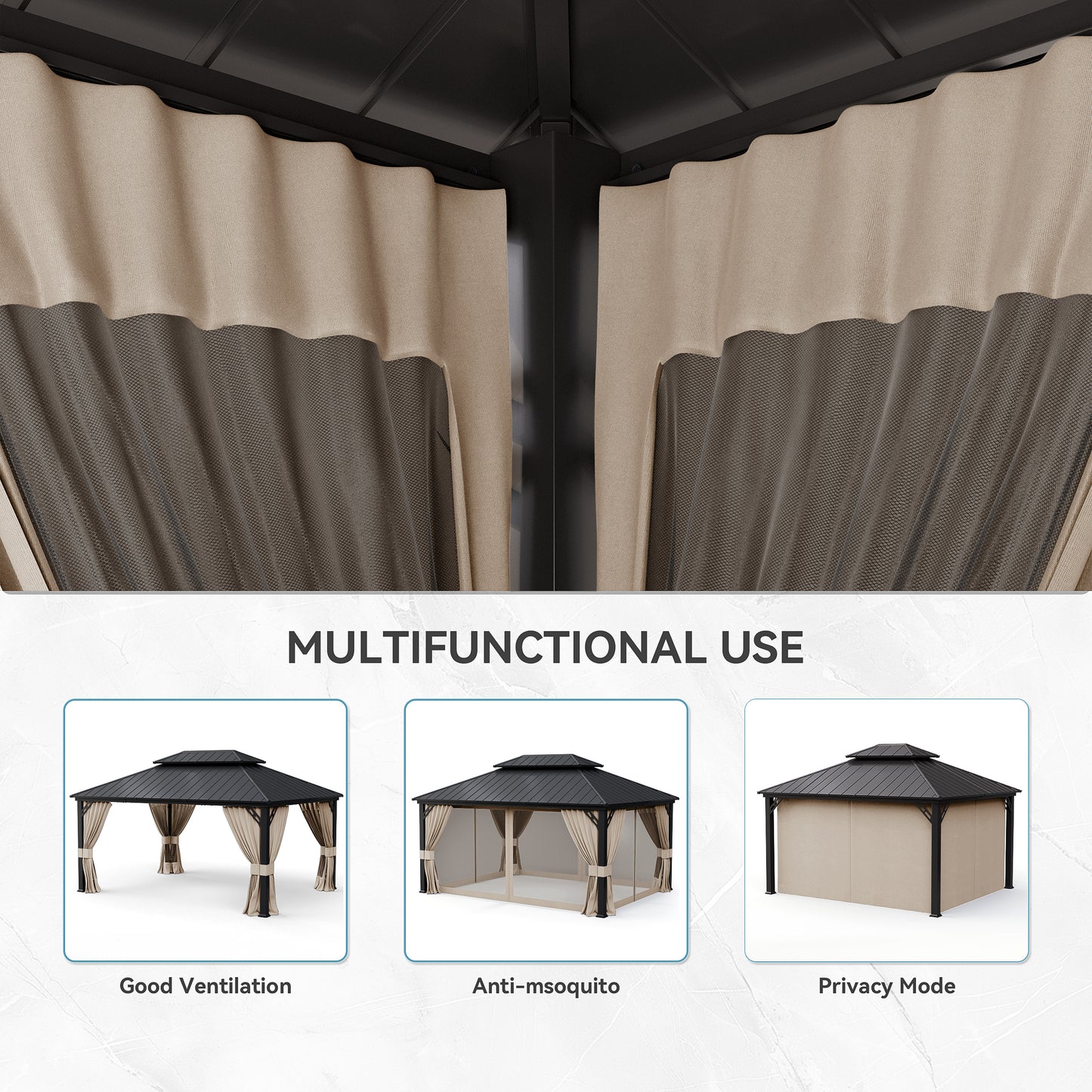 ALAULM 12'x14' Hardtop Gazebo Grey Privacy Curtains with Black Mosquito Netting, 4-Panels Side Wall Universal Gazebo Side Panels Replacement for Patio Outdoor Canopy Garden (Curtain Only)