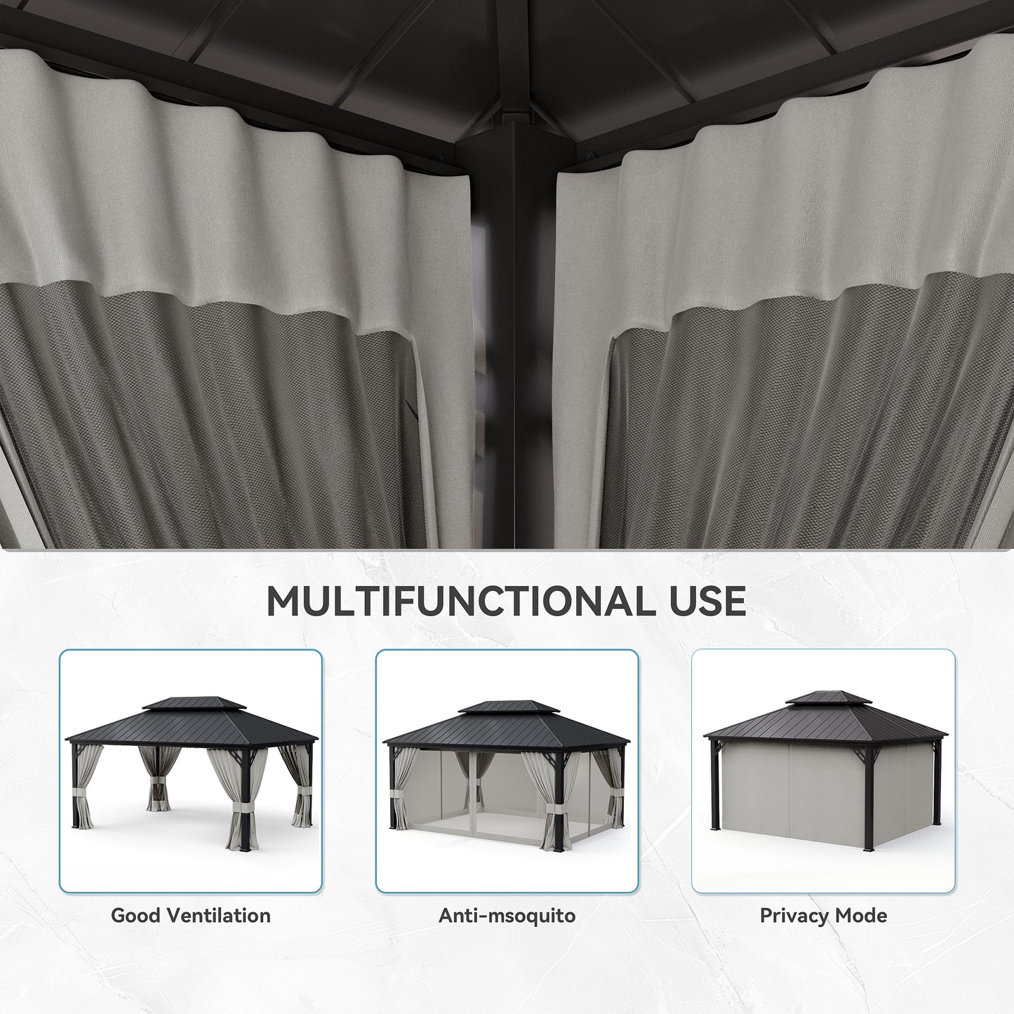 ALAULM 12'x14' Hardtop Gazebo Grey Privacy Curtains with Black Mosquito Netting, 4-Panels Side Wall Universal Gazebo Side Panels Replacement for Patio Outdoor Canopy Garden (Curtain Only)