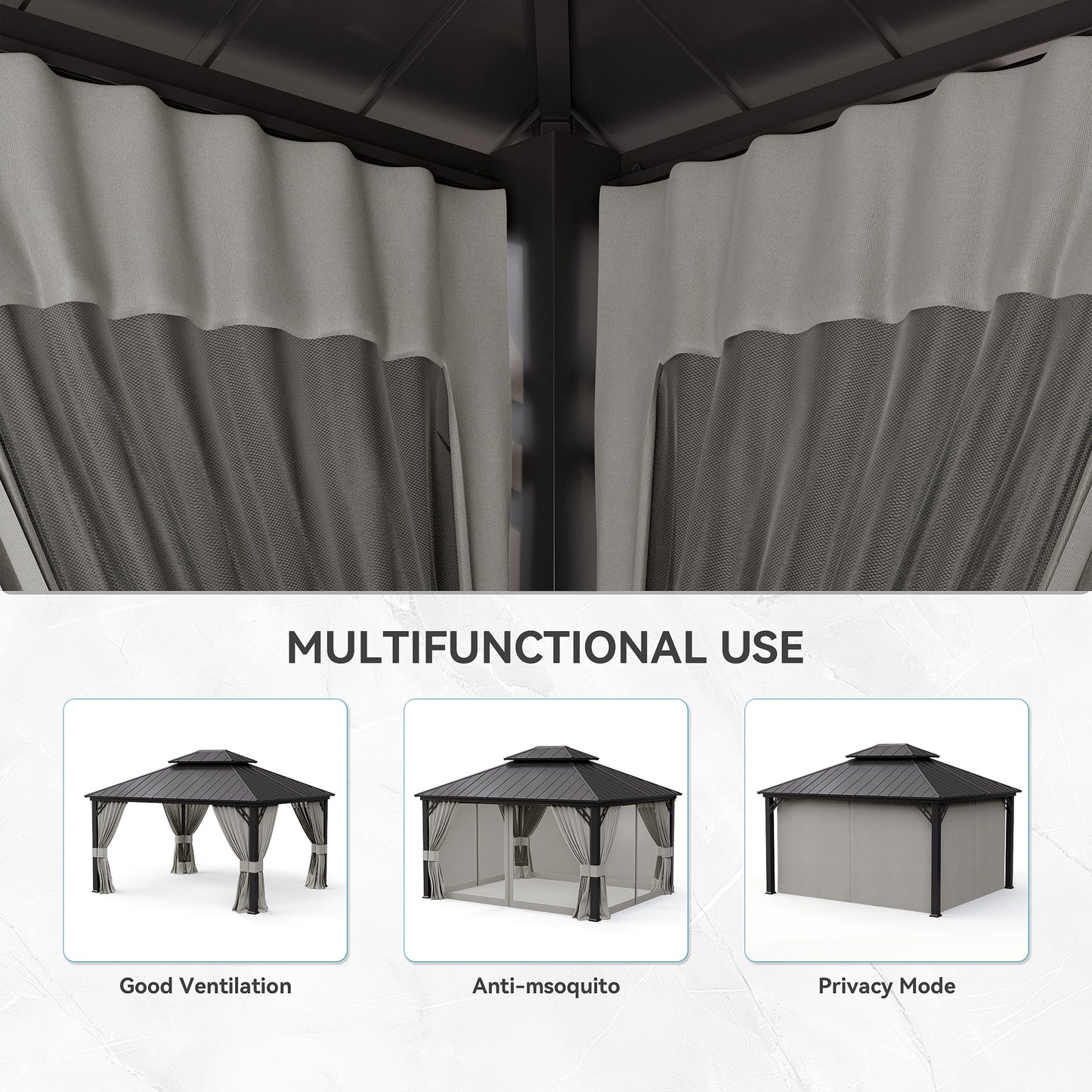 ALAULM 10'x12' Hardtop Gazebo Grey Privacy Curtains with Black Mosquito Netting, 4-Panels Side Wall Universal Gazebo Side Panels Replacement for Patio Outdoor Canopy Garden (Curtain Only)