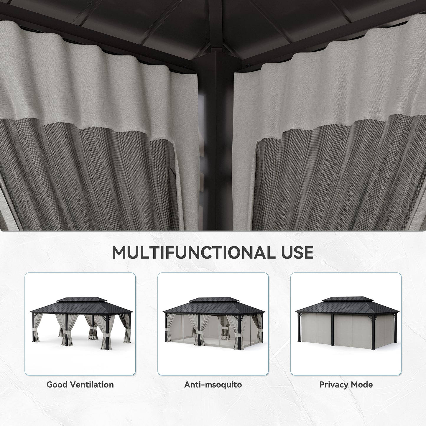 ALAULM 12'x20' Hardtop Gazebo Sand Privacy Curtains with Brown Mosquito Netting, 4-Panels Side Wall Universal Gazebo Side Panels Replacement for Patio Outdoor Canopy Garden (Curtain Only)