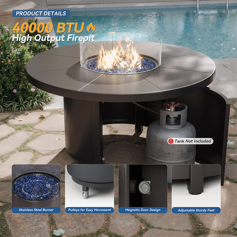 ALAULM 7 Pieces Outdoor Patio Furniture Set with 40000 BTU Round Fire Pit Table, Outdoor Swivel Glider Chair with Side Table, Patio Conversation Sets for Porch Deck Backyard