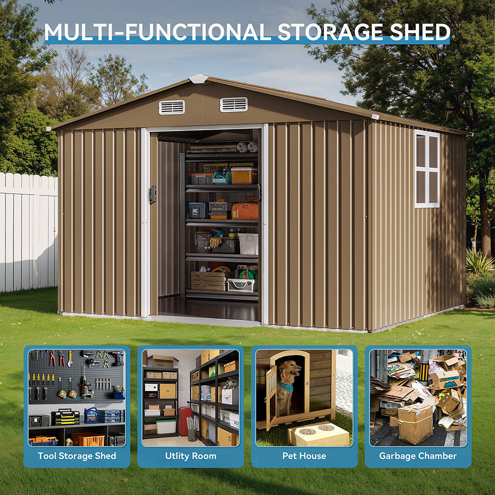 8'x6' Outdoor Metal Storage Shed with Floor for Garden & Tool Storage ,Weather-Resistant Design, Air Vent & Window, Brown