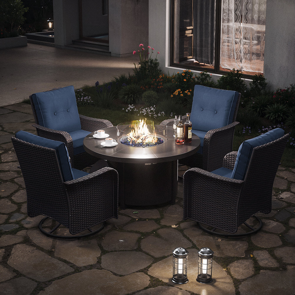 ALAULM 7 Pieces Outdoor Patio Furniture Set with 40000 BTU Round Fire Pit Table, Outdoor Swivel Glider Chair with Side Table, Patio Conversation Sets for Porch Deck Backyard