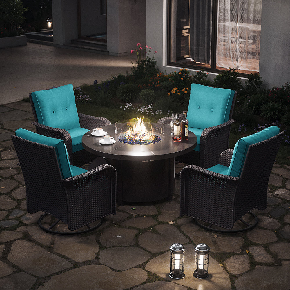 ALAULM 7 Pieces Outdoor Patio Furniture Set with 40000 BTU Round Fire Pit Table, Outdoor Swivel Glider Chair with Side Table, Patio Conversation Sets for Porch Deck Backyard