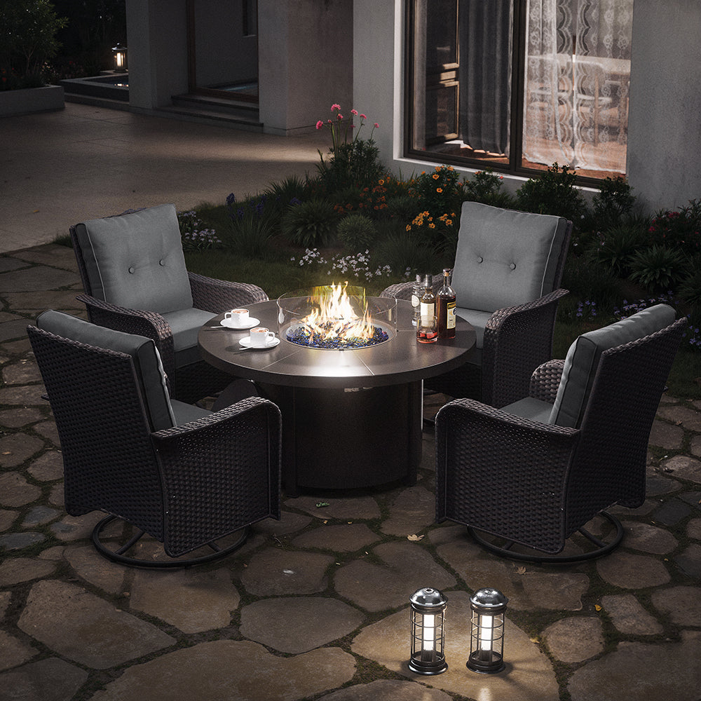 ALAULM 7 Pieces Outdoor Patio Furniture Set with 40000 BTU Round Fire Pit Table, Outdoor Swivel Glider Chair with Side Table, Patio Conversation Sets for Porch Deck Backyard