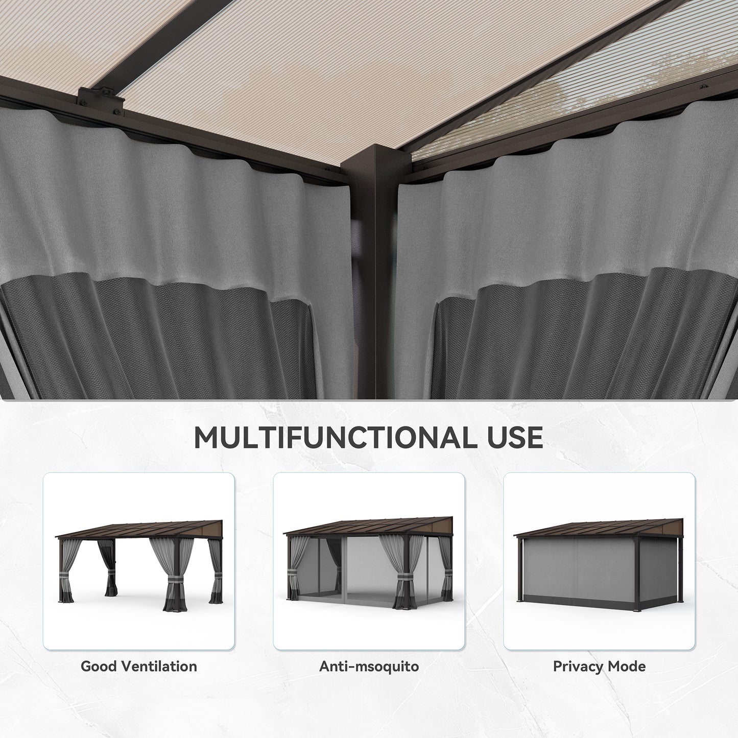 ALAULM 10'x14' Lean to Gazebo Privacy Curtains with Mosquito Netting, 4-Panels Side Wall Universal Gazebo Side Panels Replacement for Patio Outdoor Canopy Garden, Grey (Curtain Only)
