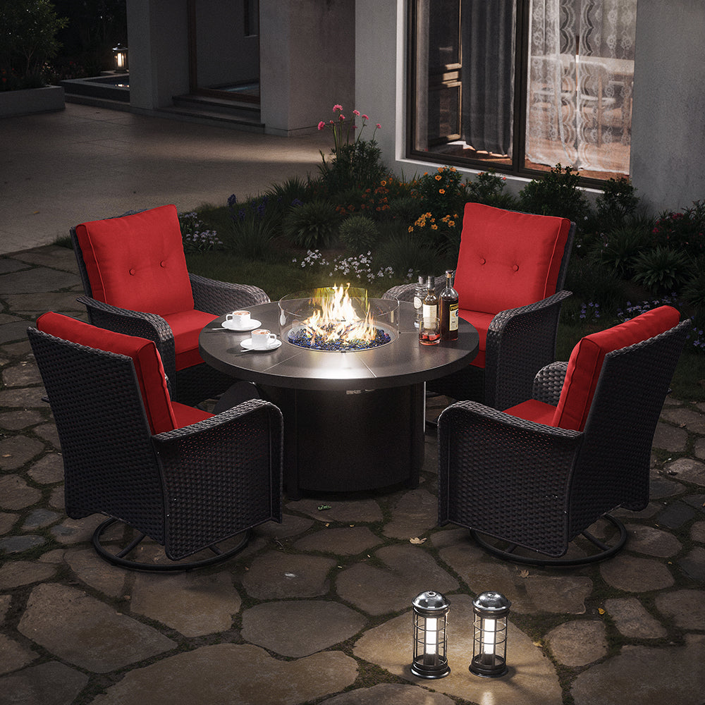 ALAULM 7 Pieces Outdoor Patio Furniture Set with 40000 BTU Round Fire Pit Table, Outdoor Swivel Glider Chair with Side Table, Patio Conversation Sets for Porch Deck Backyard