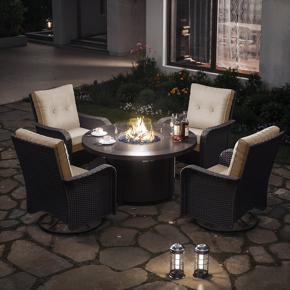 ALAULM 7 Pieces Outdoor Patio Furniture Set with 40000 BTU Round Fire Pit Table, Outdoor Swivel Glider Chair with Side Table, Patio Conversation Sets for Porch Deck Backyard