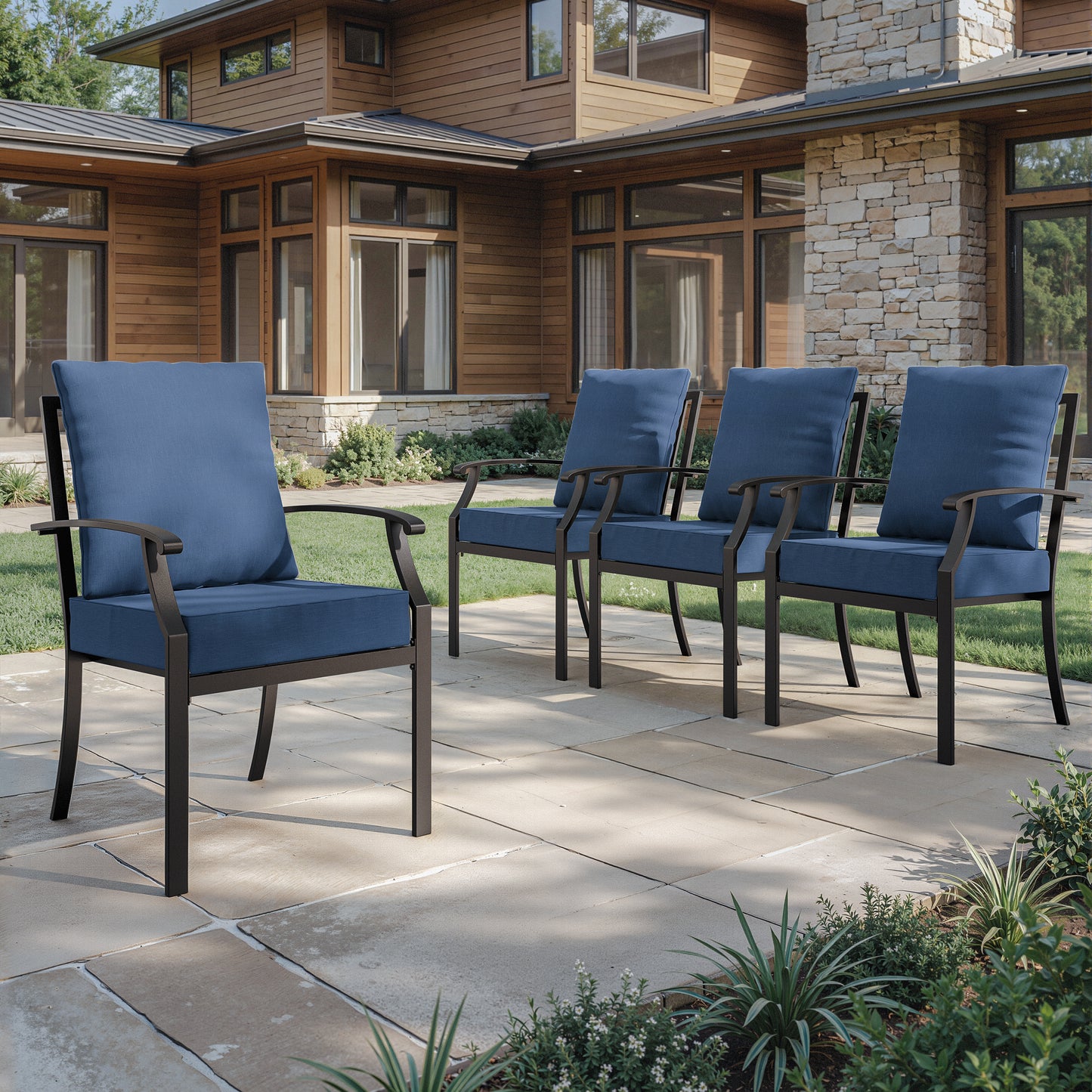 ALAULM Outdoor Dining Chairs Set, Stackabl Patio Dining Chairs with Arms for All Weather, Heavy Duty Dark Brown Powder-Coated Metal Patio Chairs 450LBS, for Backyard Garden Lawn