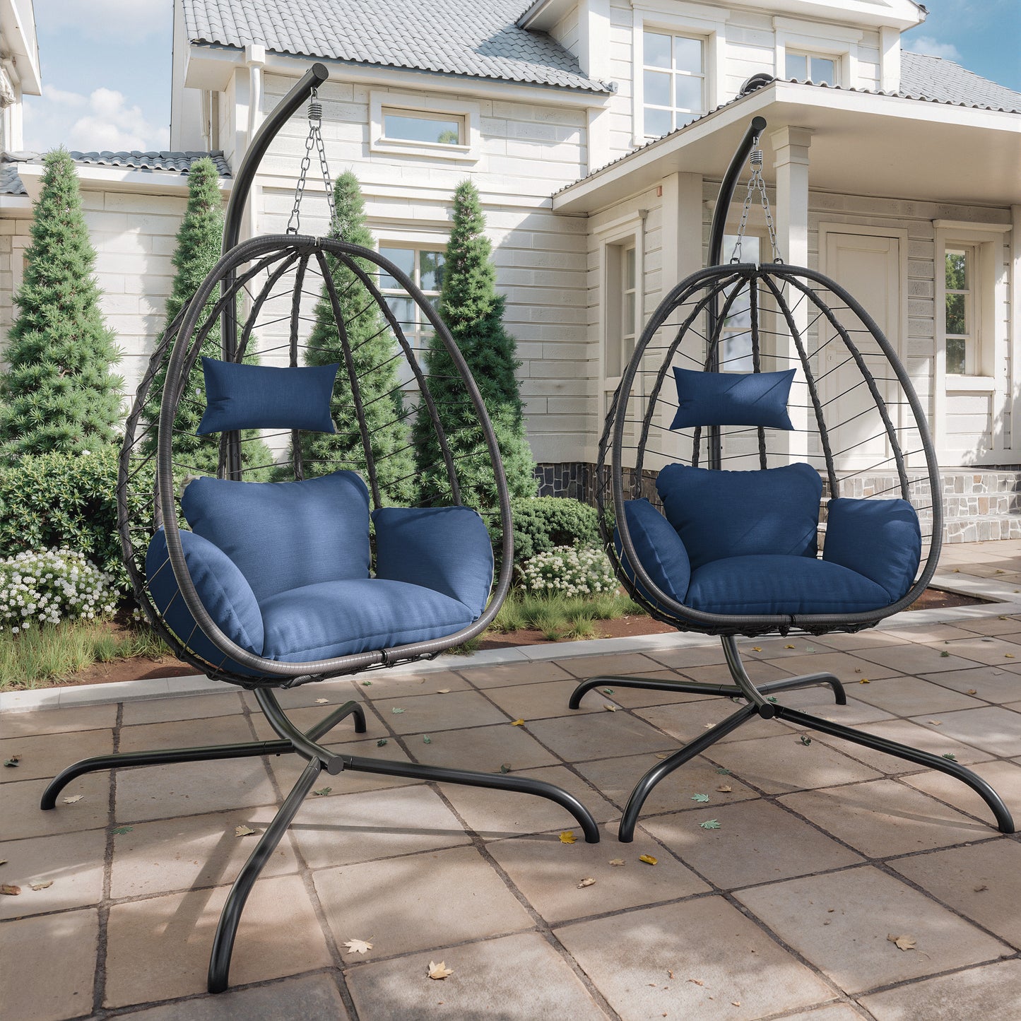 Gotland 2 Pieces Outdoor Hanging Egg Chair with Stand,Patio Wicker Swing Egg Chair Hammock Chair with UV Resistant Cushion,All-Weather 485lbs Capacity for Bedroom,Balcony,Garden