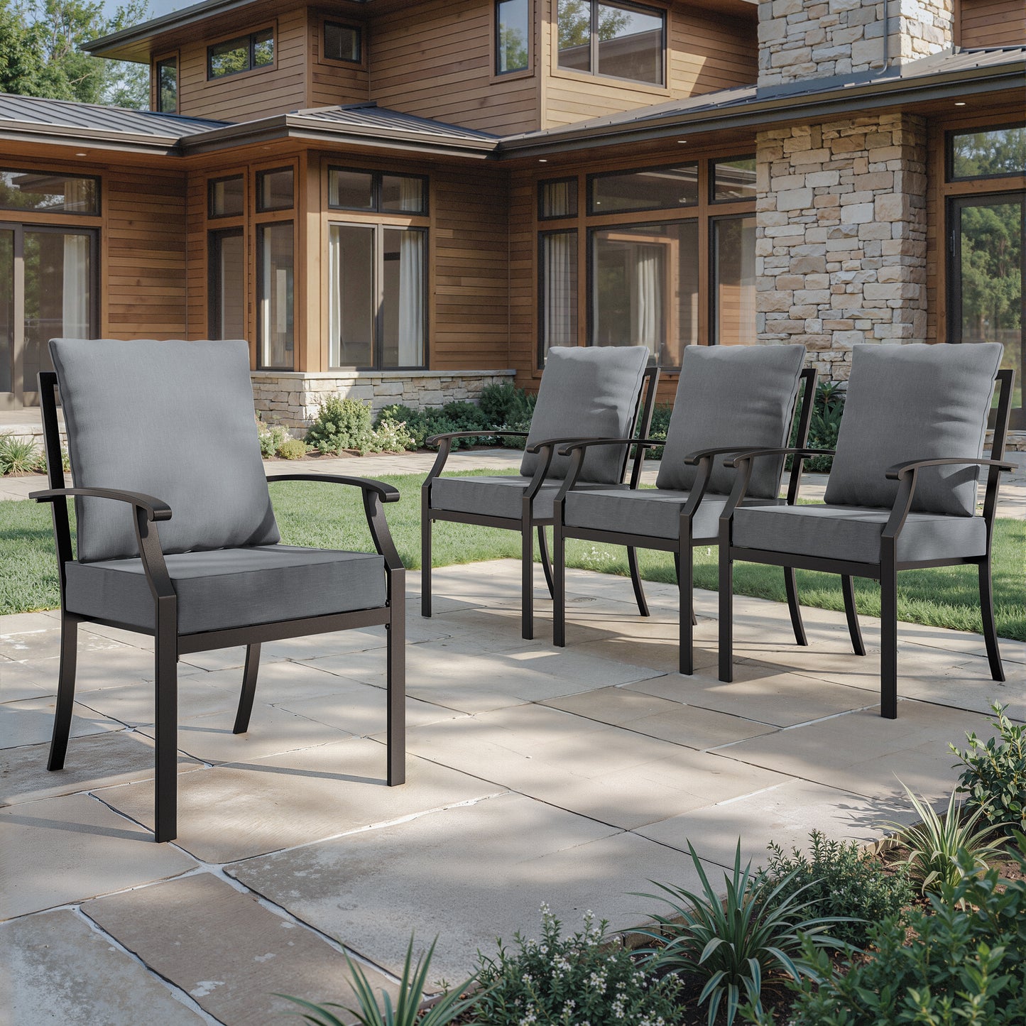 ALAULM Outdoor Dining Chairs Set, Stackabl Patio Dining Chairs with Arms for All Weather, Heavy Duty Dark Brown Powder-Coated Metal Patio Chairs 450LBS, for Backyard Garden Lawn