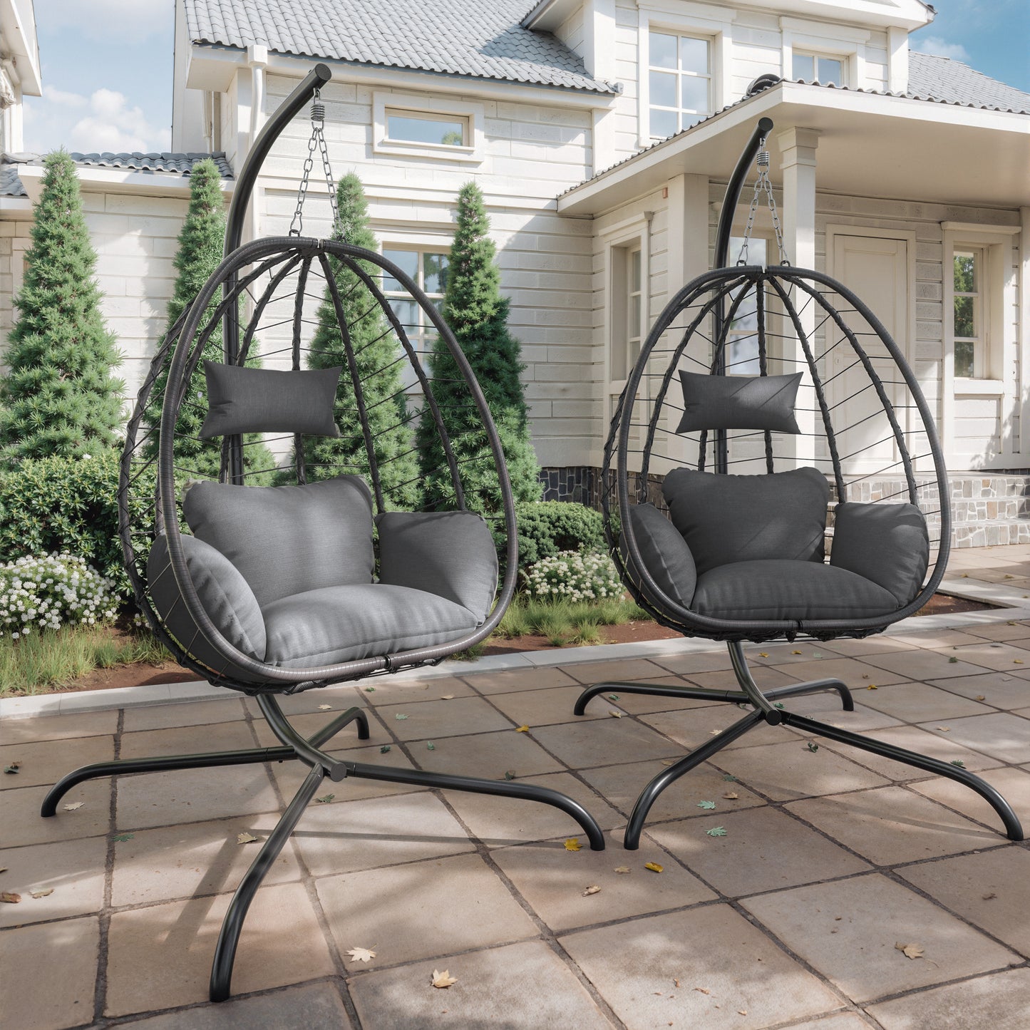 Gotland 2 Pieces Outdoor Hanging Egg Chair with Stand,Patio Wicker Swing Egg Chair Hammock Chair with UV Resistant Cushion,All-Weather 485lbs Capacity for Bedroom,Balcony,Garden