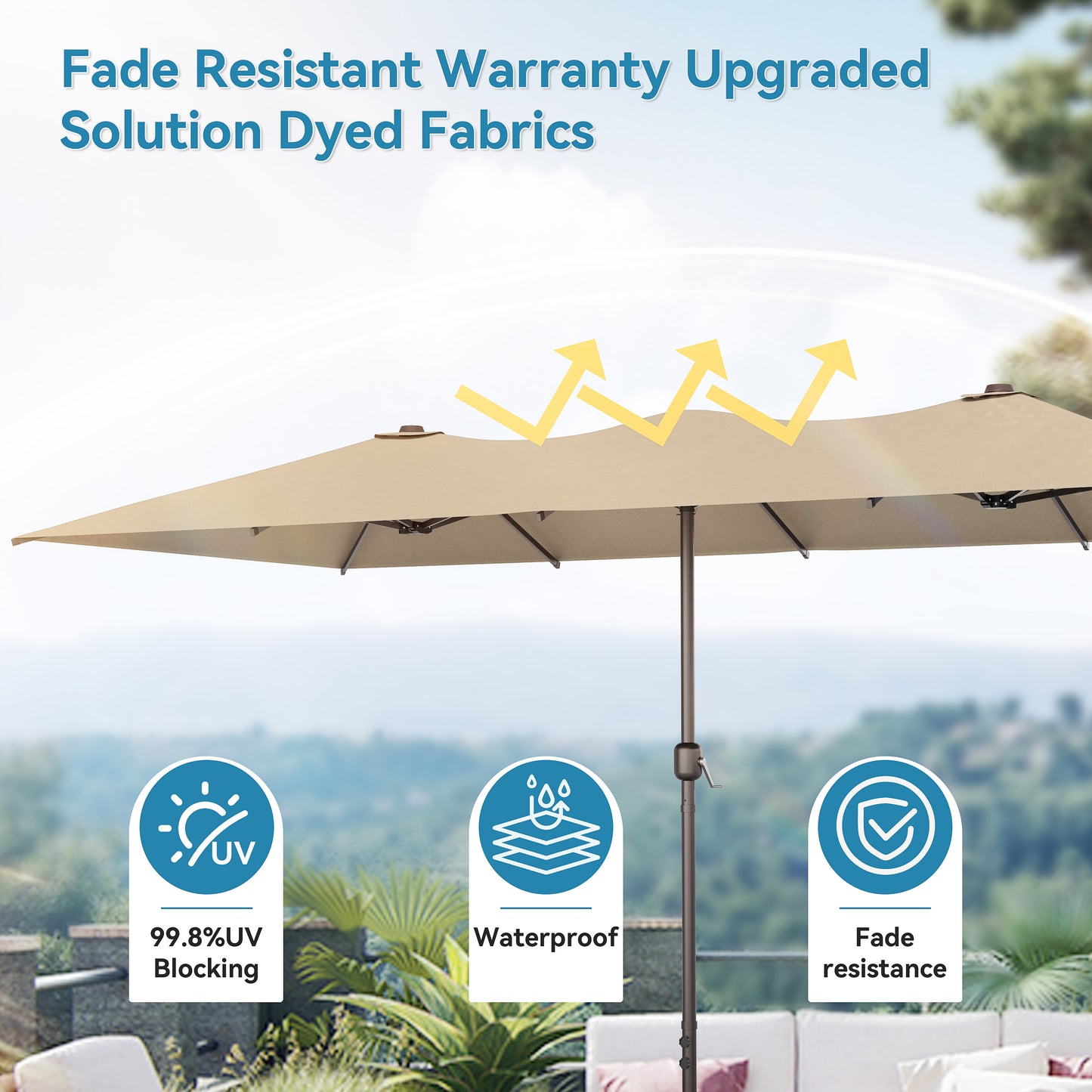 ALAULM 14FT Patio Umbrellas with Cross Base, Outdoor Double-Sided Umbrella Large Rectangle Table Market Umbrella with Crank Handle & Ribs, for Pool Lawn Garden Beige