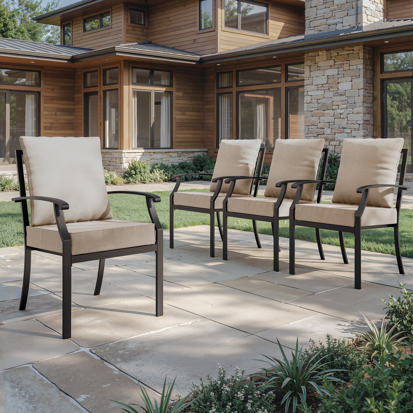 ALAULM Outdoor Dining Chairs Set, Stackabl Patio Dining Chairs with Arms for All Weather, Heavy Duty Dark Brown Powder-Coated Metal Patio Chairs 450LBS, for Backyard Garden Lawn