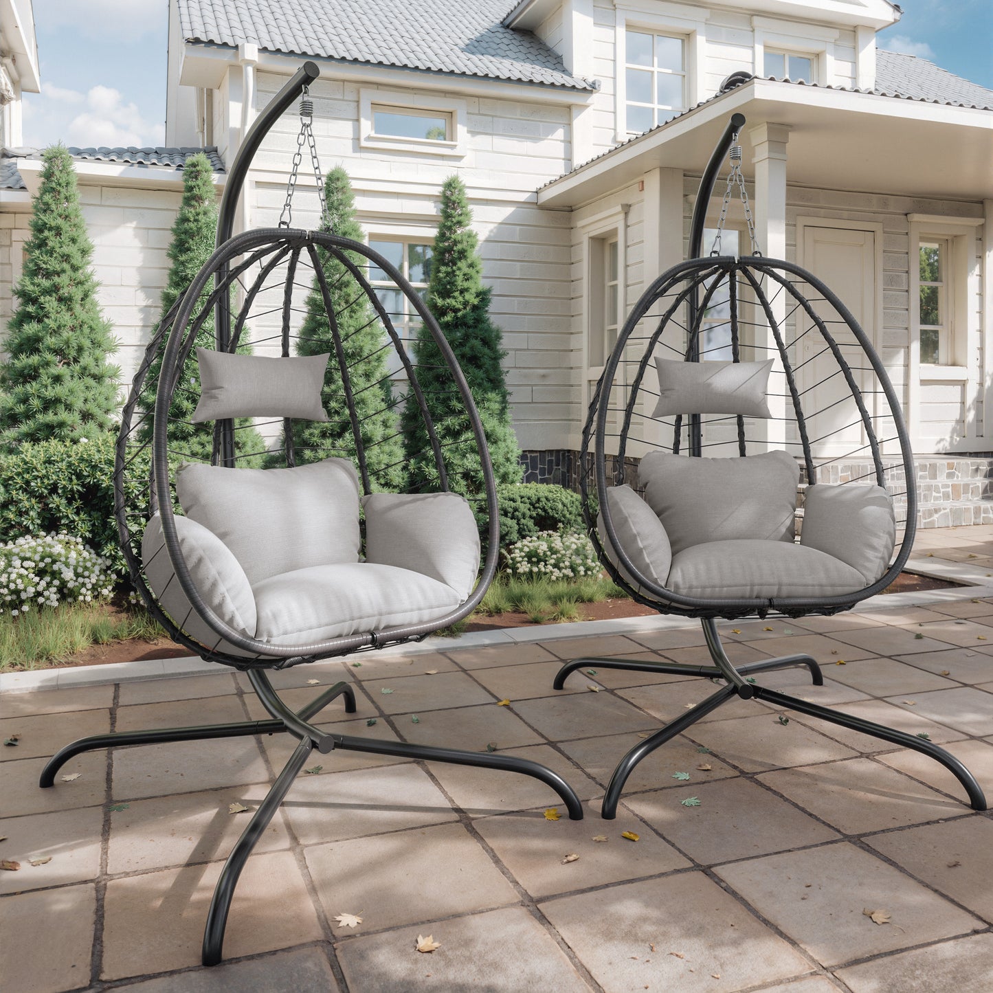 Gotland 2 Pieces Outdoor Hanging Egg Chair with Stand,Patio Wicker Swing Egg Chair Hammock Chair with UV Resistant Cushion,All-Weather 485lbs Capacity for Bedroom,Balcony,Garden