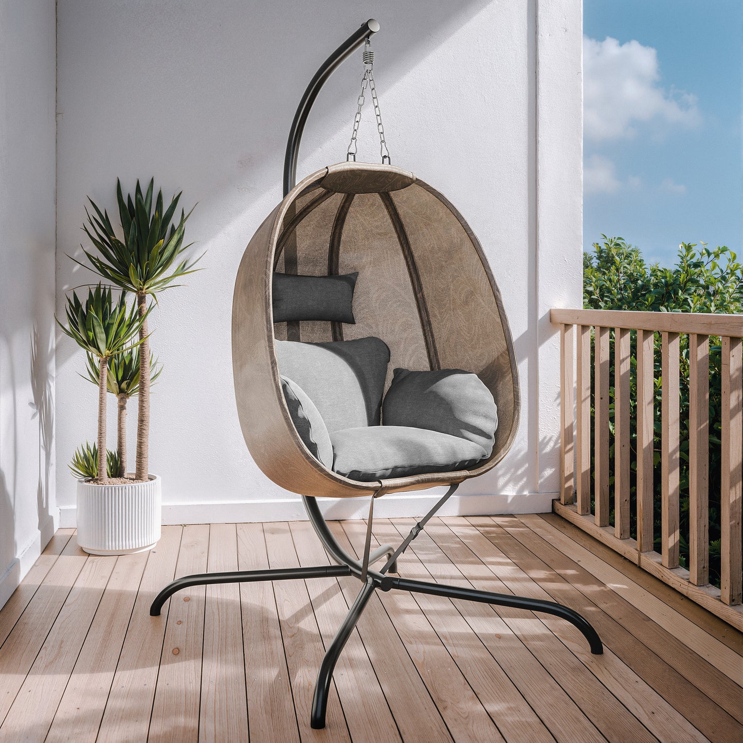 Gotland Outdoor Foldable Egg Chair with Stand, Patio Textilene Swing Egg Chair Hammock Chair with UV Resistant Cushion, All-Weather 485lbs Capacity for Bedroom Balcony Garden, Beige (D1)