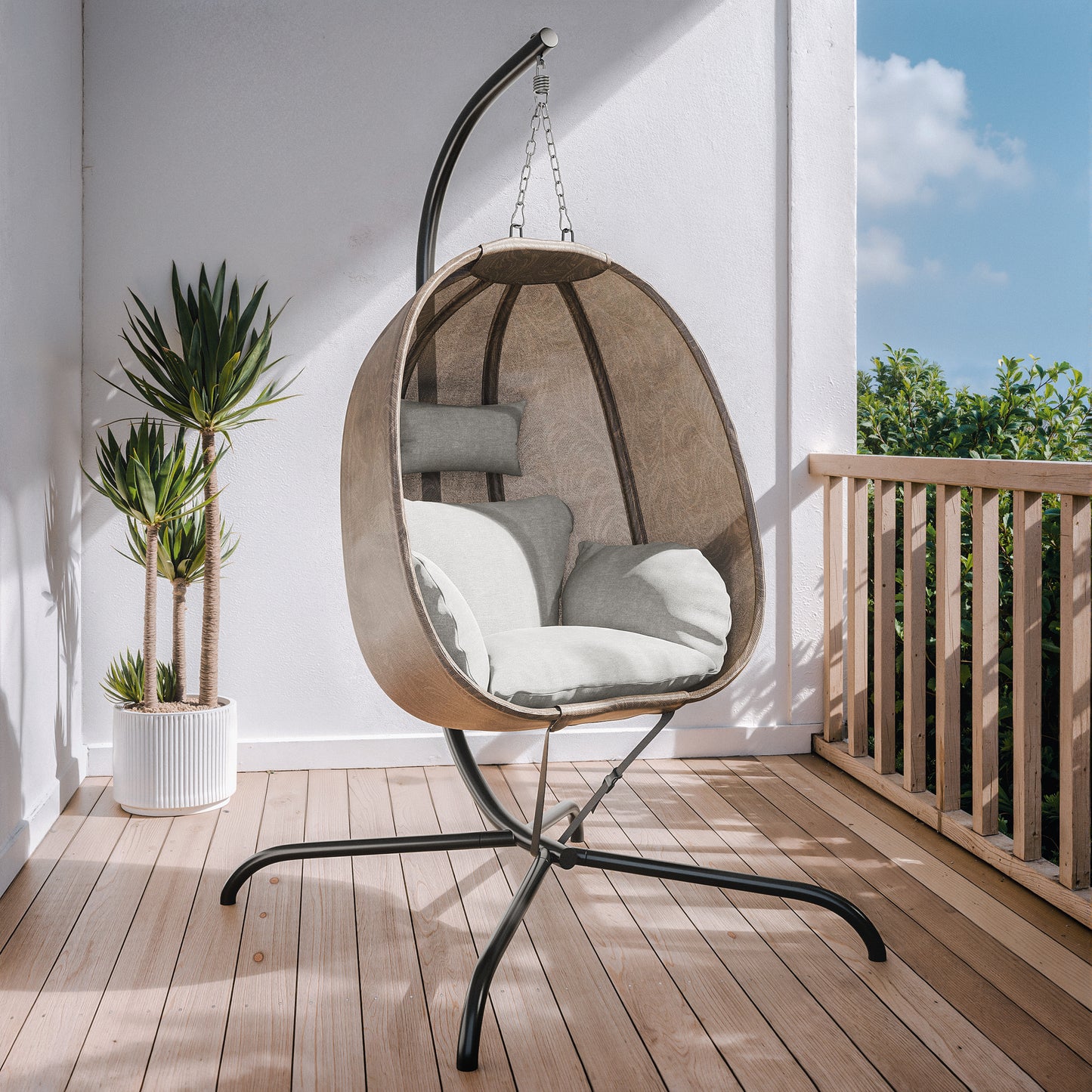 Gotland Outdoor Foldable Egg Chair with Stand, Patio Textilene Swing Egg Chair Hammock Chair with UV Resistant Cushion, All-Weather 485lbs Capacity for Bedroom Balcony Garden, Beige (D1)