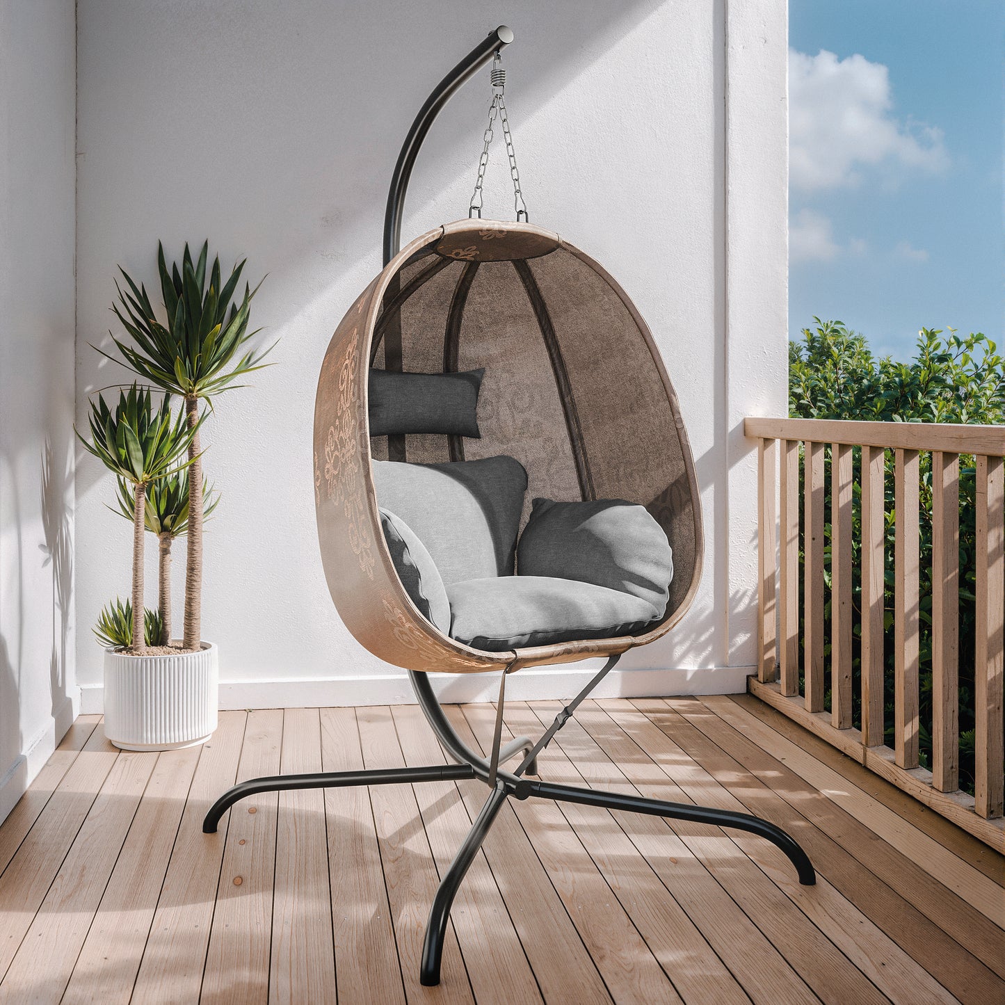 Gotland Outdoor Foldable Egg Chair with Stand, Patio Textilene Swing Egg Chair Hammock Chair with UV Resistant Cushion, All-Weather 485lbs Capacity for Bedroom Balcony Garden, Beige (D2)