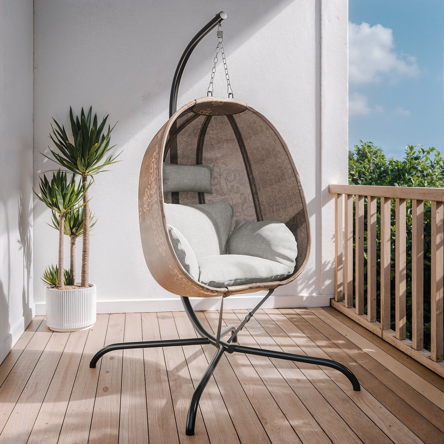 Gotland Outdoor Foldable Egg Chair with Stand, Patio Textilene Swing Egg Chair Hammock Chair with UV Resistant Cushion, All-Weather 485lbs Capacity for Bedroom Balcony Garden, Beige (D2)