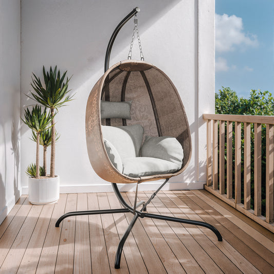 Gotland Outdoor Foldable Egg Chair with Stand, Patio Textilene Swing Egg Chair Hammock Chair with UV Resistant Cushion, All-Weather 485lbs Capacity for Bedroom Balcony Garden, Beige (D2)