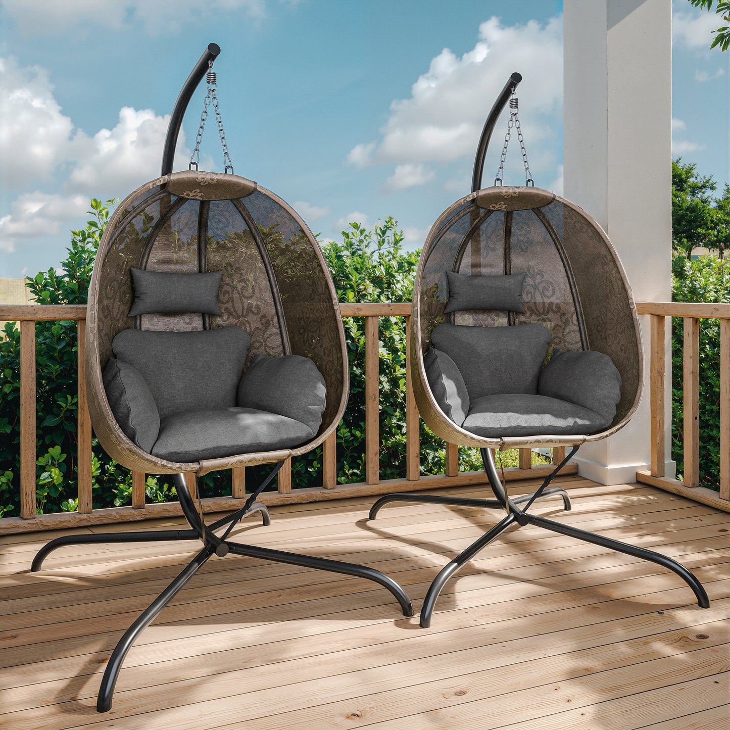 Gotland 2 Pieces Outdoor Hanging Egg Chair with Stand,Patio Wicker Swing Egg Chair Hammock Chair with UV Resistant Cushion,All-Weather 485lbs Capacity for Bedroom,Balcony,Garden