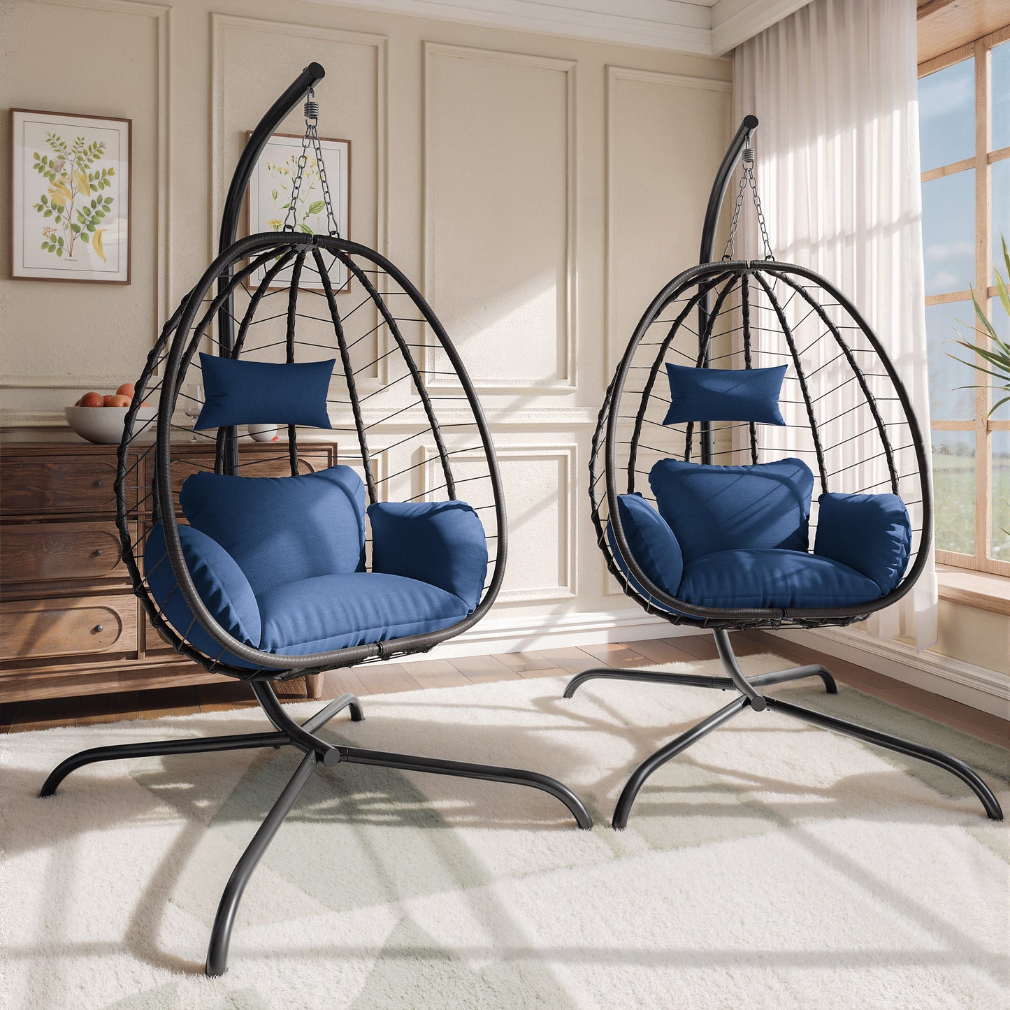 Gotland 2 Pieces Outdoor Hanging Egg Chair with Stand,Patio Wicker Swing Egg Chair Hammock Chair with UV Resistant Cushion,All-Weather 485lbs Capacity for Bedroom,Balcony,Garden