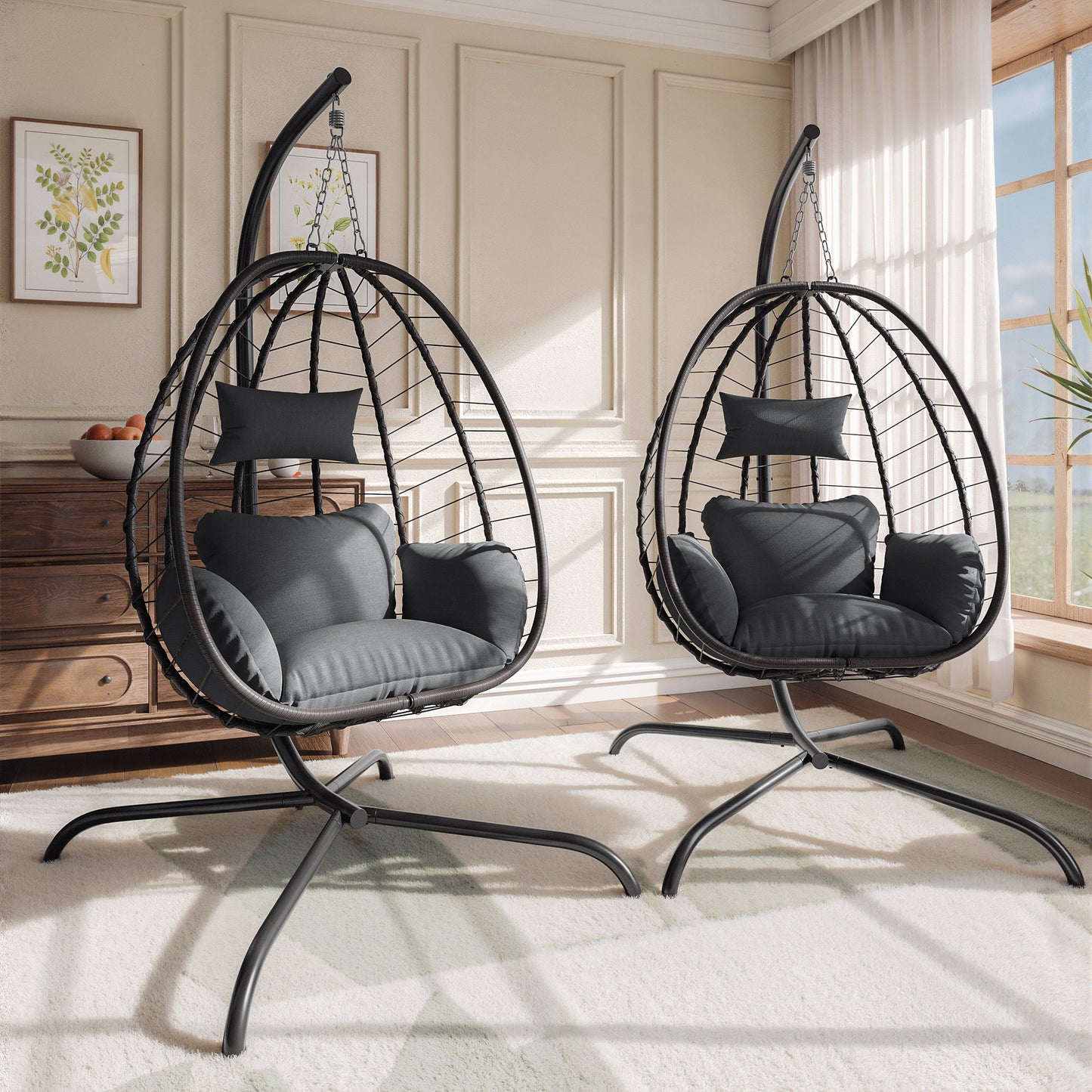 Gotland 2 Pieces Outdoor Hanging Egg Chair with Stand,Patio Wicker Swing Egg Chair Hammock Chair with UV Resistant Cushion,All-Weather 485lbs Capacity for Bedroom,Balcony,Garden