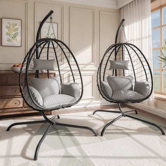 Gotland 2 Pieces Outdoor Hanging Egg Chair with Stand,Patio Wicker Swing Egg Chair Hammock Chair with UV Resistant Cushion,All-Weather 485lbs Capacity for Bedroom,Balcony,Garden