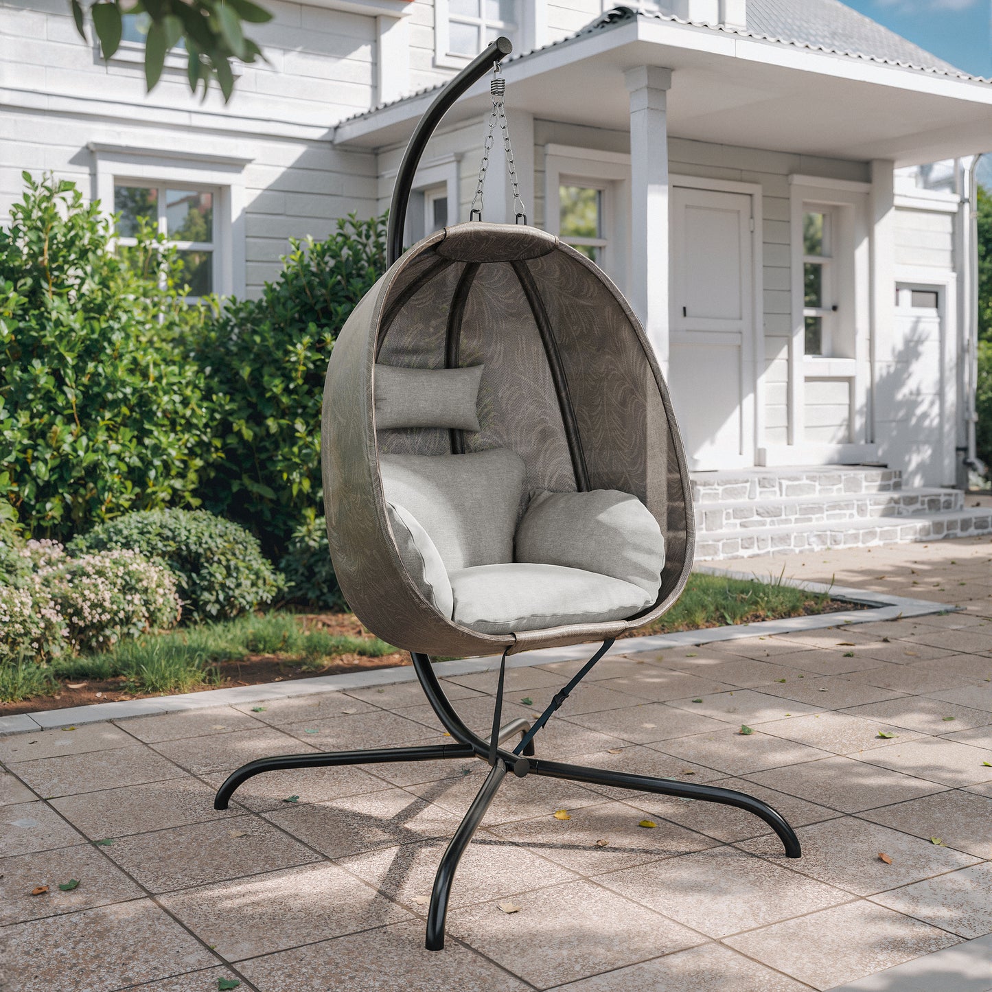 Gotland Outdoor Foldable Egg Chair with Stand, Patio Textilene Swing Egg Chair Hammock Chair with UV Resistant Cushion, All-Weather 485lbs Capacity for Bedroom Balcony Garden, Beige (D1)