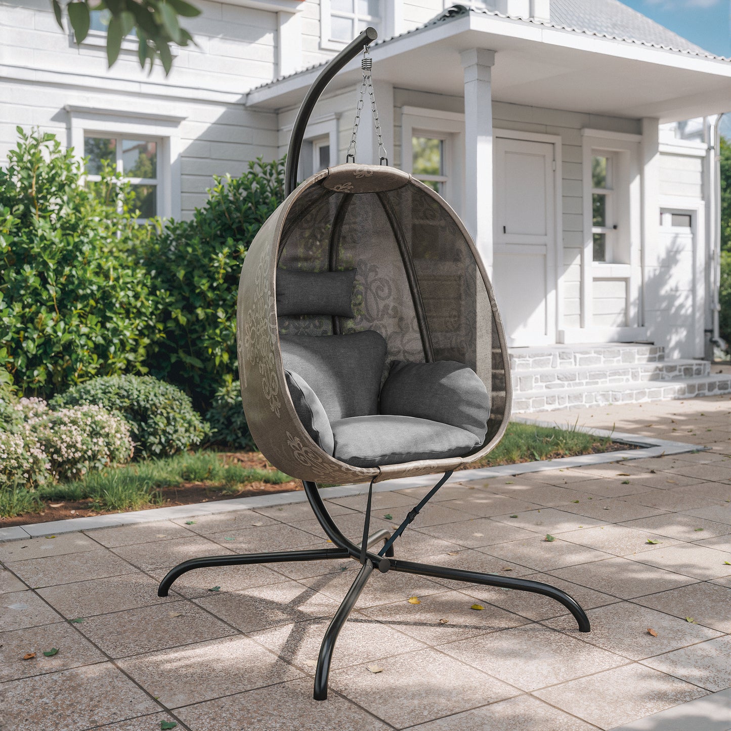 Gotland Outdoor Foldable Egg Chair with Stand, Patio Textilene Swing Egg Chair Hammock Chair with UV Resistant Cushion, All-Weather 485lbs Capacity for Bedroom Balcony Garden, Beige (D2)
