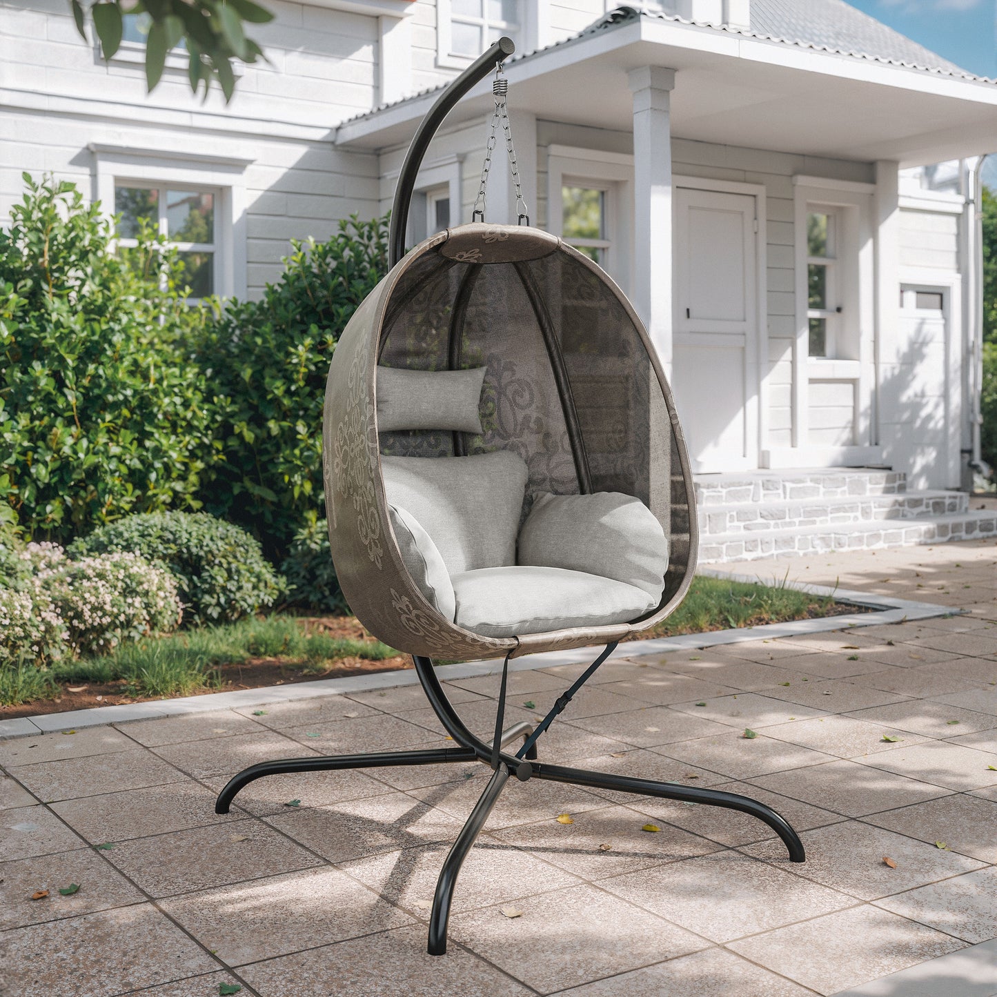 Gotland Outdoor Foldable Egg Chair with Stand, Patio Textilene Swing Egg Chair Hammock Chair with UV Resistant Cushion, All-Weather 485lbs Capacity for Bedroom Balcony Garden, Beige (D2)