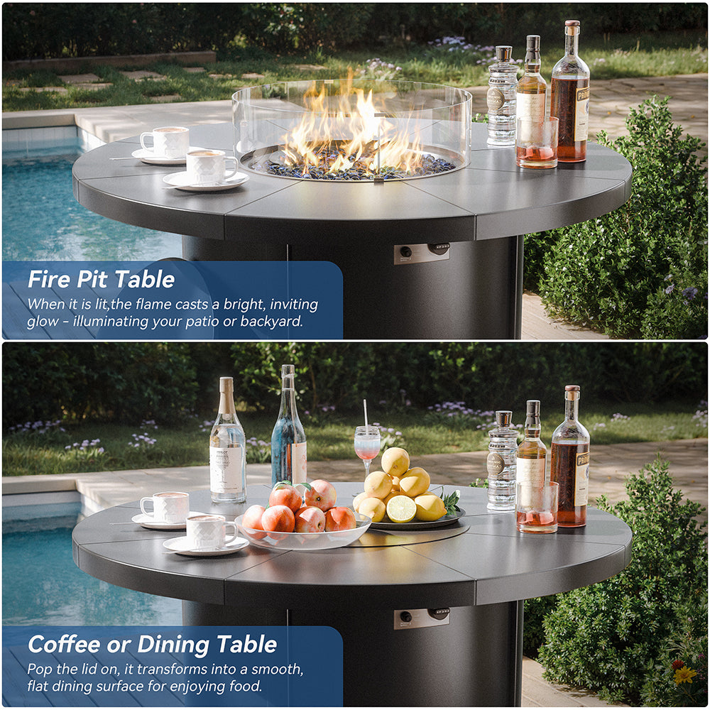 ALAULM 7 Pieces Outdoor Patio Furniture Set with 40000 BTU Round Fire Pit Table, Outdoor Swivel Glider Chair with Side Table, Patio Conversation Sets for Porch Deck Backyard