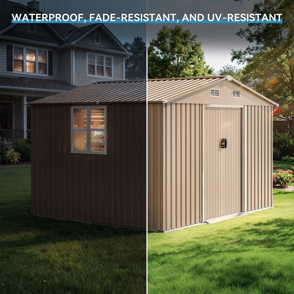 8'x6' Outdoor Metal Storage Shed with Floor for Garden & Tool Storage ,Weather-Resistant Design, Air Vent & Window, Brown