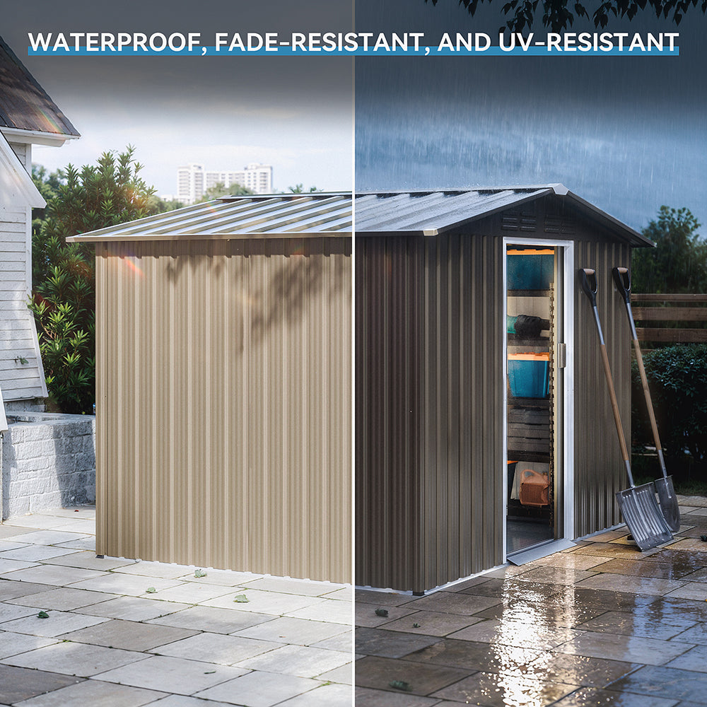 8'x6' Outdoor Metal Storage Shed with Floor for Garden & Tool Storage ,Weather-Resistant Design, Air Vent & Window, Brown