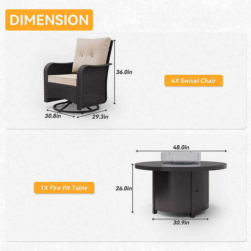 ALAULM 7 Pieces Outdoor Patio Furniture Set with 40000 BTU Round Fire Pit Table, Outdoor Swivel Glider Chair with Side Table, Patio Conversation Sets for Porch Deck Backyard