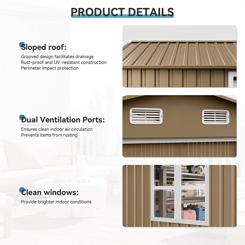 8'x6' Outdoor Metal Storage Shed with Floor for Garden & Tool Storage ,Weather-Resistant Design, Air Vent & Window, Brown