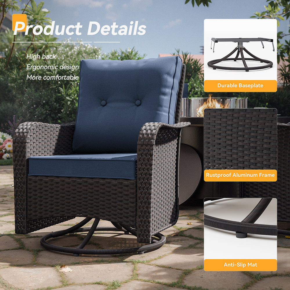 ALAULM 7 Pieces Outdoor Patio Furniture Set with 40000 BTU Round Fire Pit Table, Outdoor Swivel Glider Chair with Side Table, Patio Conversation Sets for Porch Deck Backyard