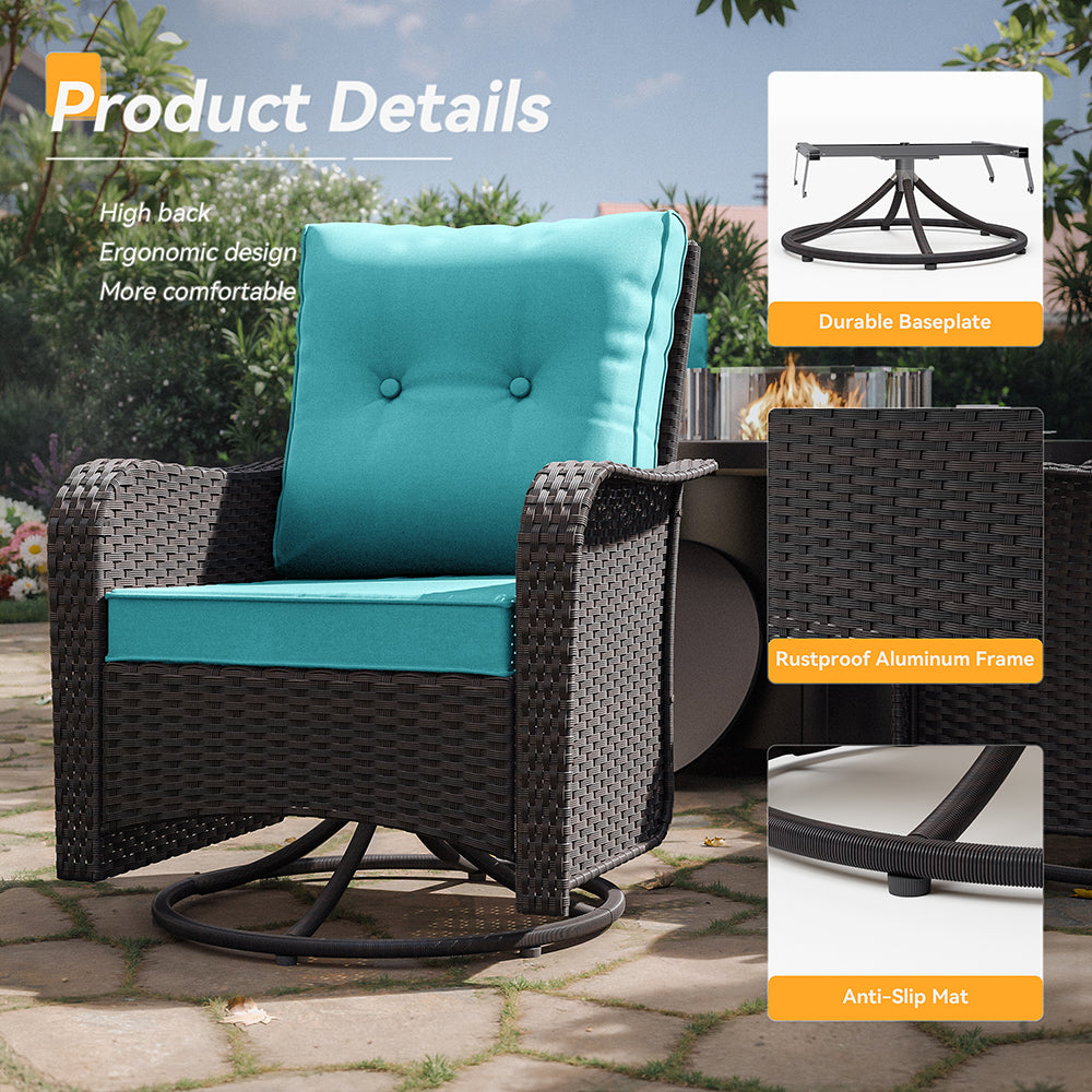 ALAULM 7 Pieces Outdoor Patio Furniture Set with 40000 BTU Round Fire Pit Table, Outdoor Swivel Glider Chair with Side Table, Patio Conversation Sets for Porch Deck Backyard