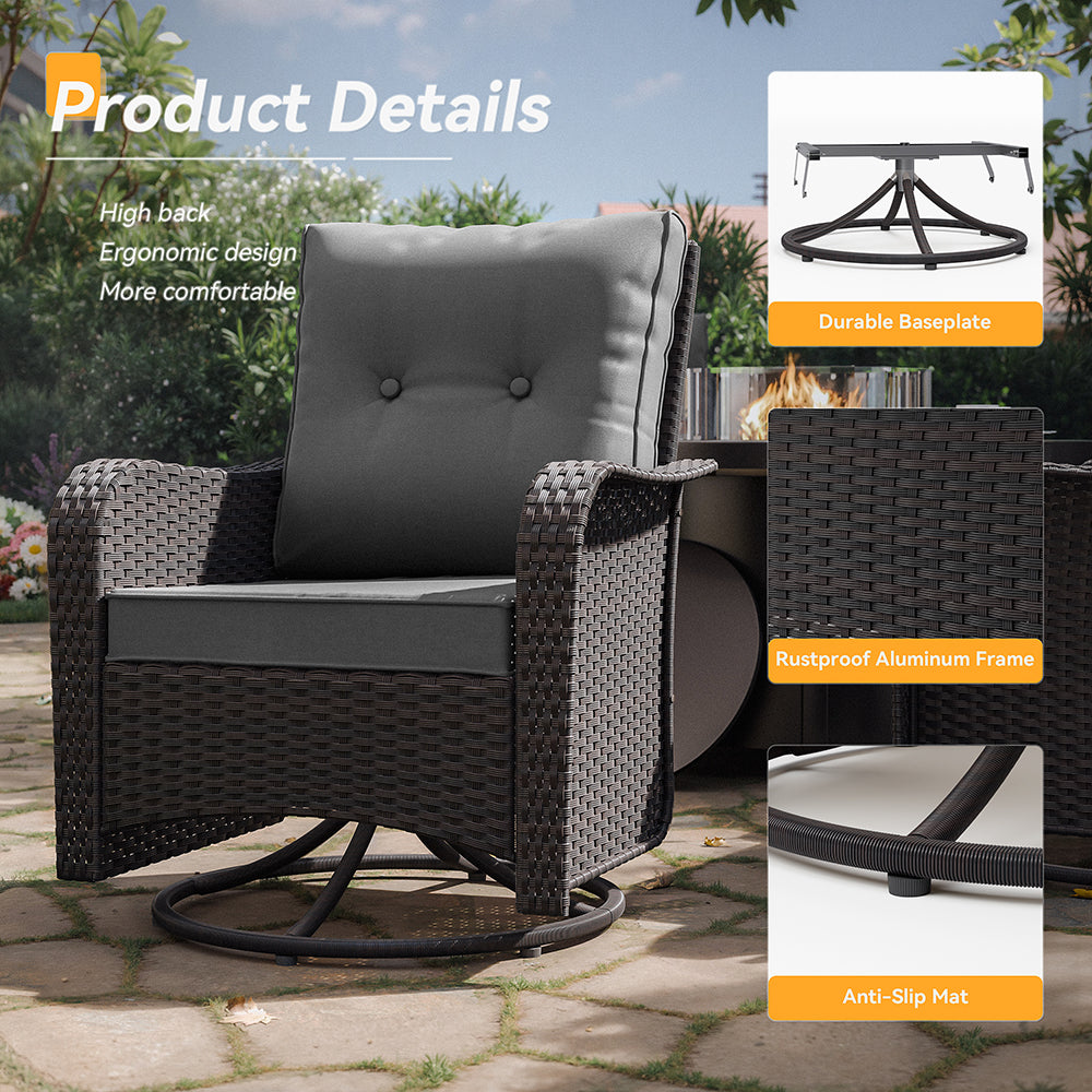 ALAULM 7 Pieces Outdoor Patio Furniture Set with 40000 BTU Round Fire Pit Table, Outdoor Swivel Glider Chair with Side Table, Patio Conversation Sets for Porch Deck Backyard