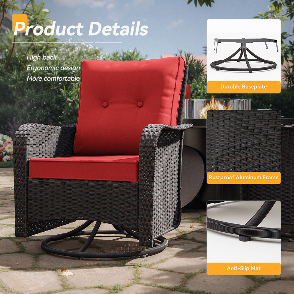 ALAULM 7 Pieces Outdoor Patio Furniture Set with 40000 BTU Round Fire Pit Table, Outdoor Swivel Glider Chair with Side Table, Patio Conversation Sets for Porch Deck Backyard