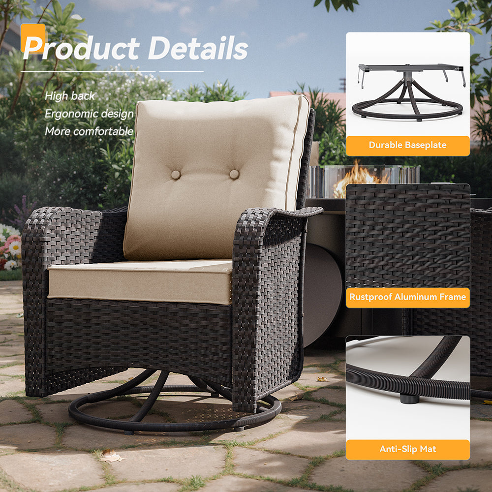 ALAULM 7 Pieces Outdoor Patio Furniture Set with 40000 BTU Round Fire Pit Table, Outdoor Swivel Glider Chair with Side Table, Patio Conversation Sets for Porch Deck Backyard