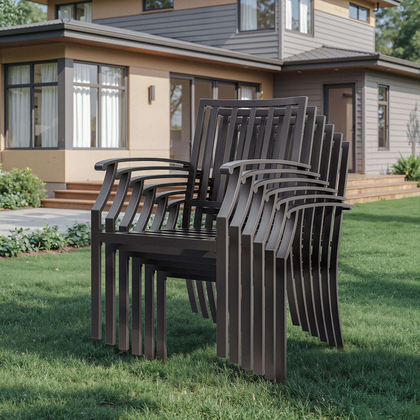 ALAULM Outdoor Dining Chairs Set, Stackabl Patio Dining Chairs with Arms for All Weather, Heavy Duty Dark Brown Powder-Coated Metal Patio Chairs 450LBS, for Backyard Garden Lawn